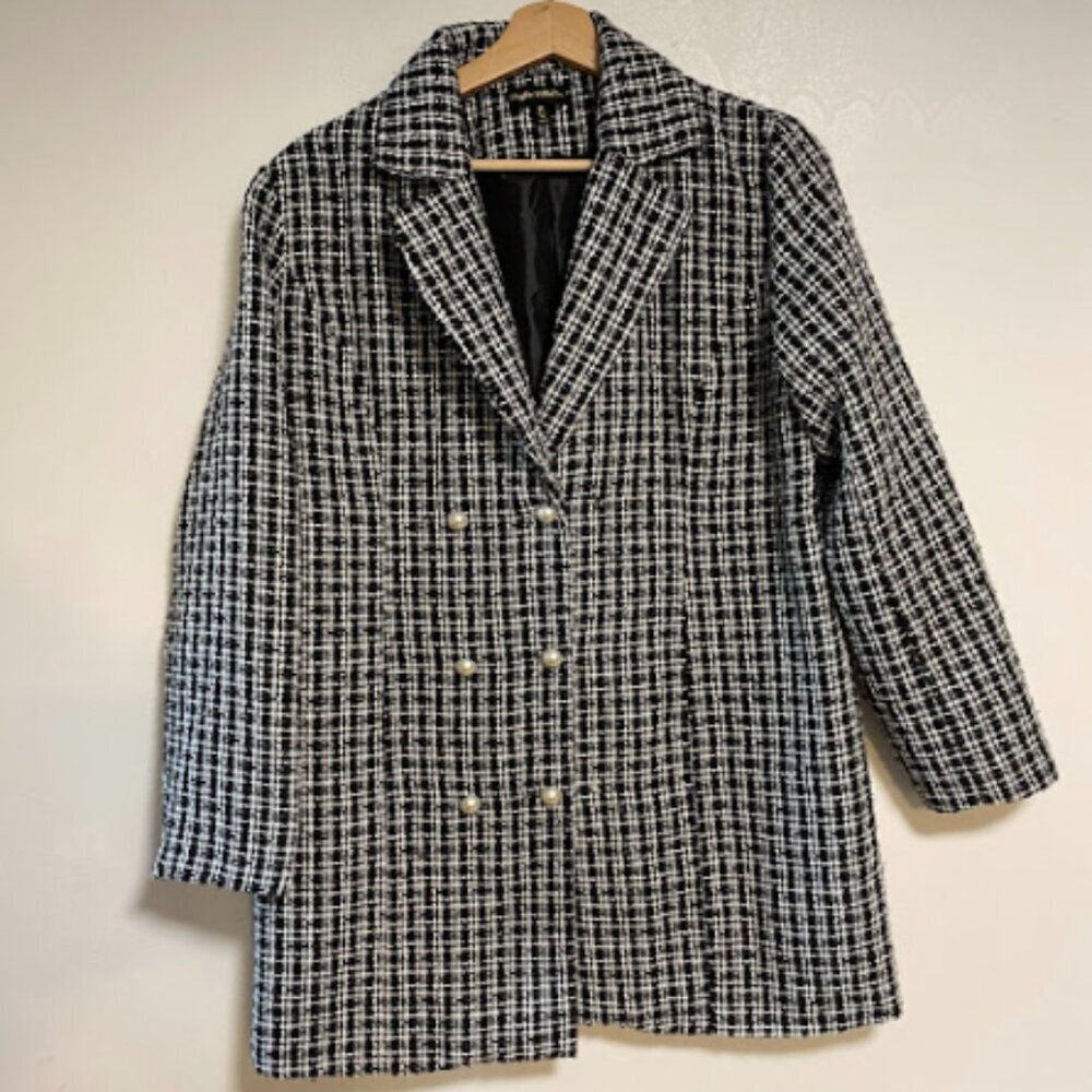 Kaylee Kollection Black & White Plaid Tweed Double-Breasted Coat Size M - Picture 2 of 9